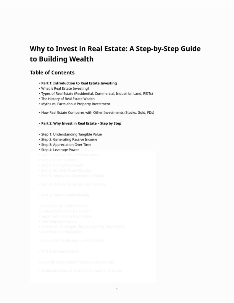 Why to Invest in Real Estate: A Step-by-Step Guide to Building Wealth Table of Contents • • • • • • • • • • • • • • • • • • • • • • • • • • • • Part 1: Introduction to Real Estate Investing What is Real Estate Investing? Types of Real Estate (Residential, Commercial, Industrial, Land, REITs) The History of Real Estate Wealth Myths vs. Facts about Property Investment How Real Estate Compares with Other Investments (Stocks, Gold, FDs) Part 2: Why Invest in Real Estate – Step by Step Step 1: Understanding Tangible Value Step 2: Generating Passive Income Step 3: Appreciation Over Time Step 4: Leverage Power Step 5: Tax Benefits and Deductions Step 6: Inflation Hedge Step 7: Control Over Asset Step 8: Portfolio Diversification Step 9: Legacy and Generational Wealth Step 10: Emotional Security and Stability Part 3: How to Invest Wisely Choosing the Right Location Understanding Market Cycles Legal and Financial Preparation Due Diligence Process Investment Strategies (Buy & Hold, Flip, Rent, REITs) Risk Factors & Mitigation Role of Real Estate Agents and Advisors Part 4: Success Stories Real-Life Case Studies from India and Abroad Millionaires Who Built Wealth Through Real Estate