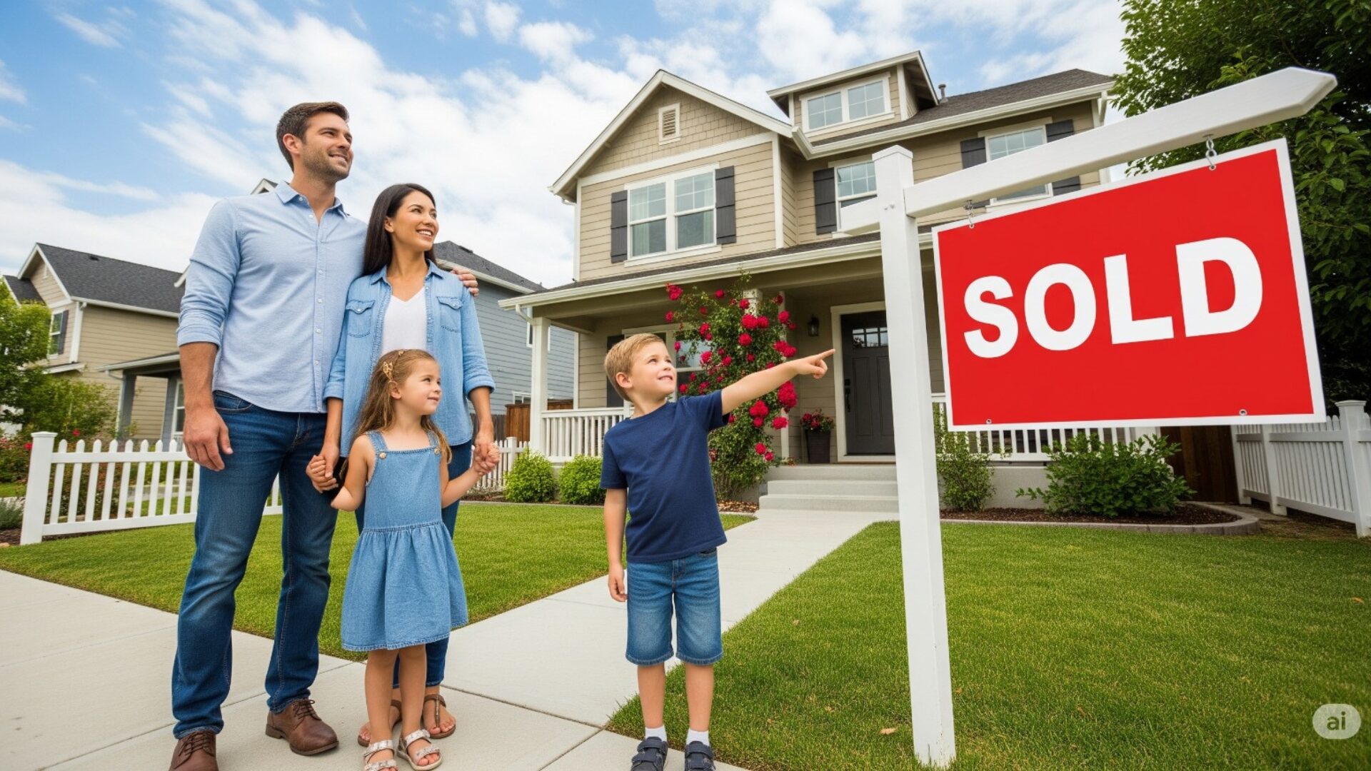 Happy family in front of their home