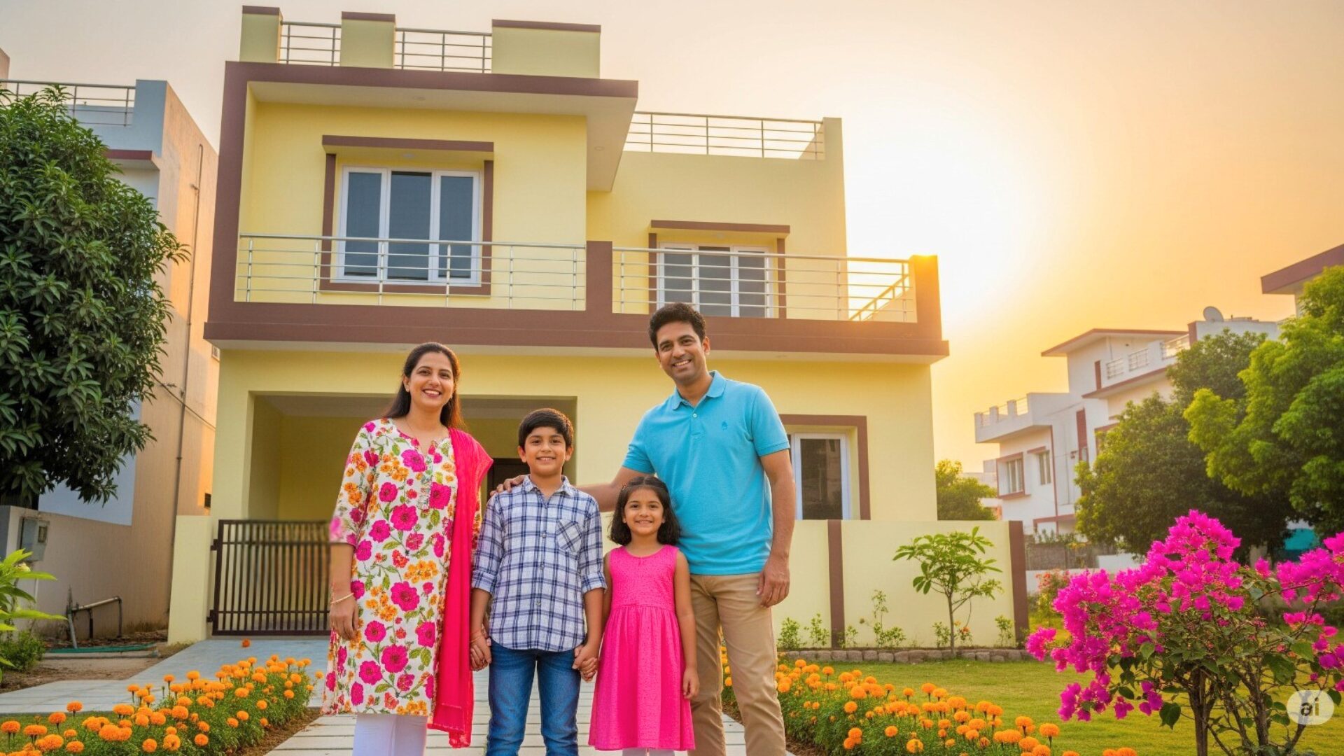 Happy family in front of their home