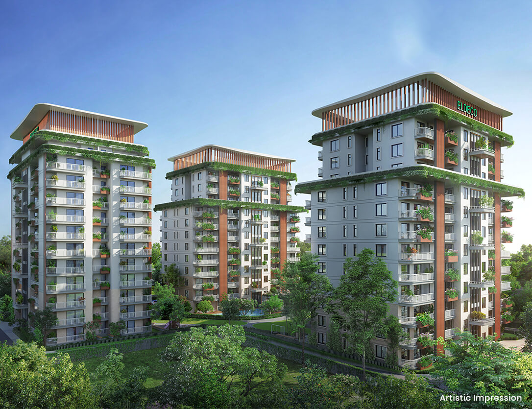 Facade of Eldeco Hanging Gardens apartments, a premium Eldeco project in Lucknow.