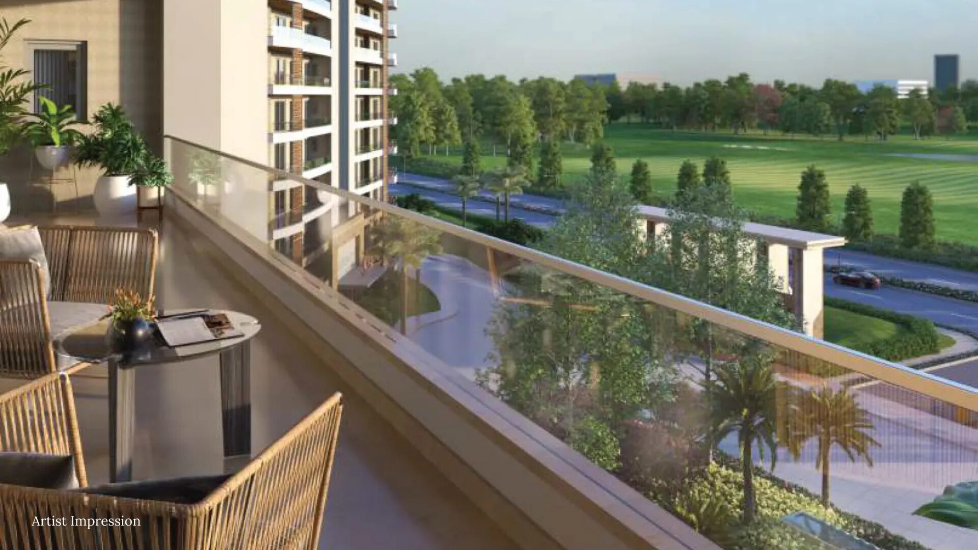 View from a spacious balcony at Rishita Serenity overlooking a lush green golf course.