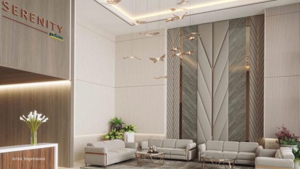 The elegantly designed main lobby and reception area of Rishita Serenity.