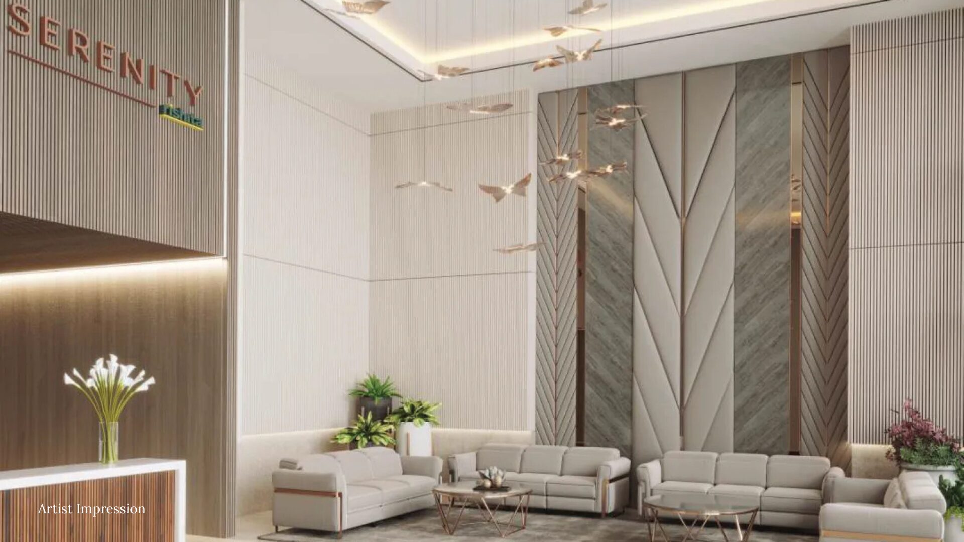The elegantly designed main lobby and reception area of Rishita Serenity.