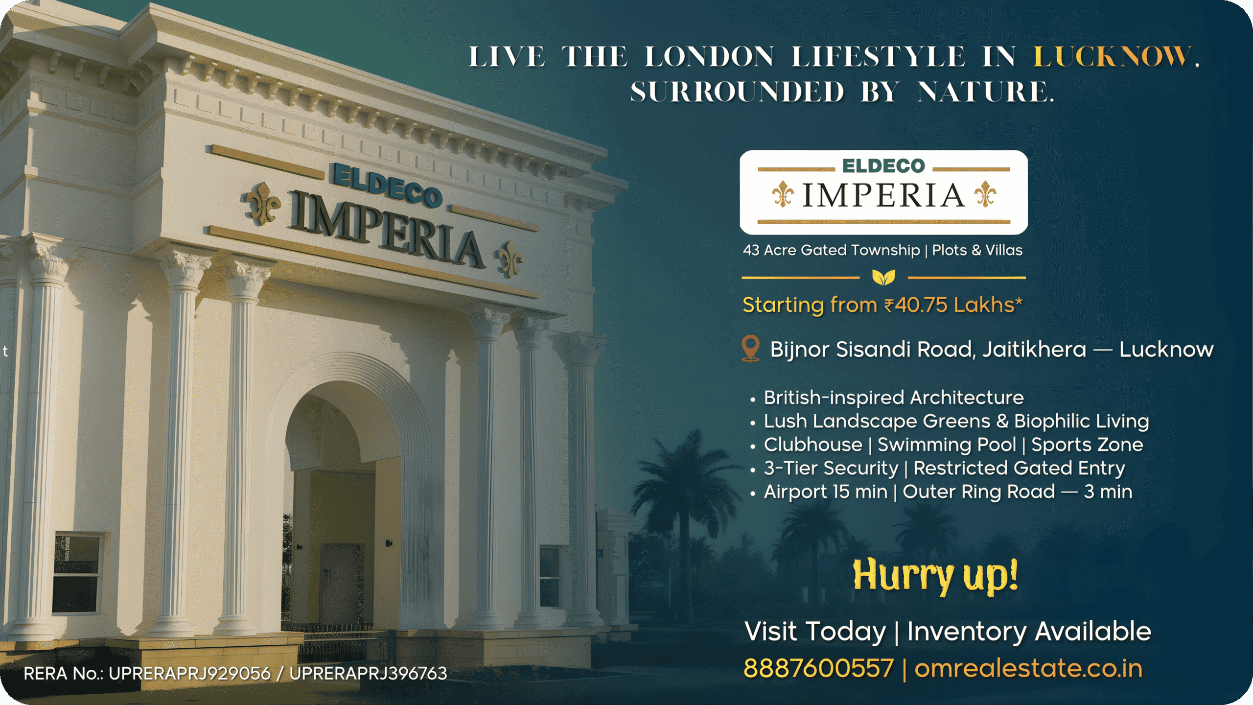 British-inspired architecture entrance of Eldeco Imperia gated township in Lucknow, offering plots and villas with lush greenery, 3-tier security, and prime location at Bijnor Sisandi Road.