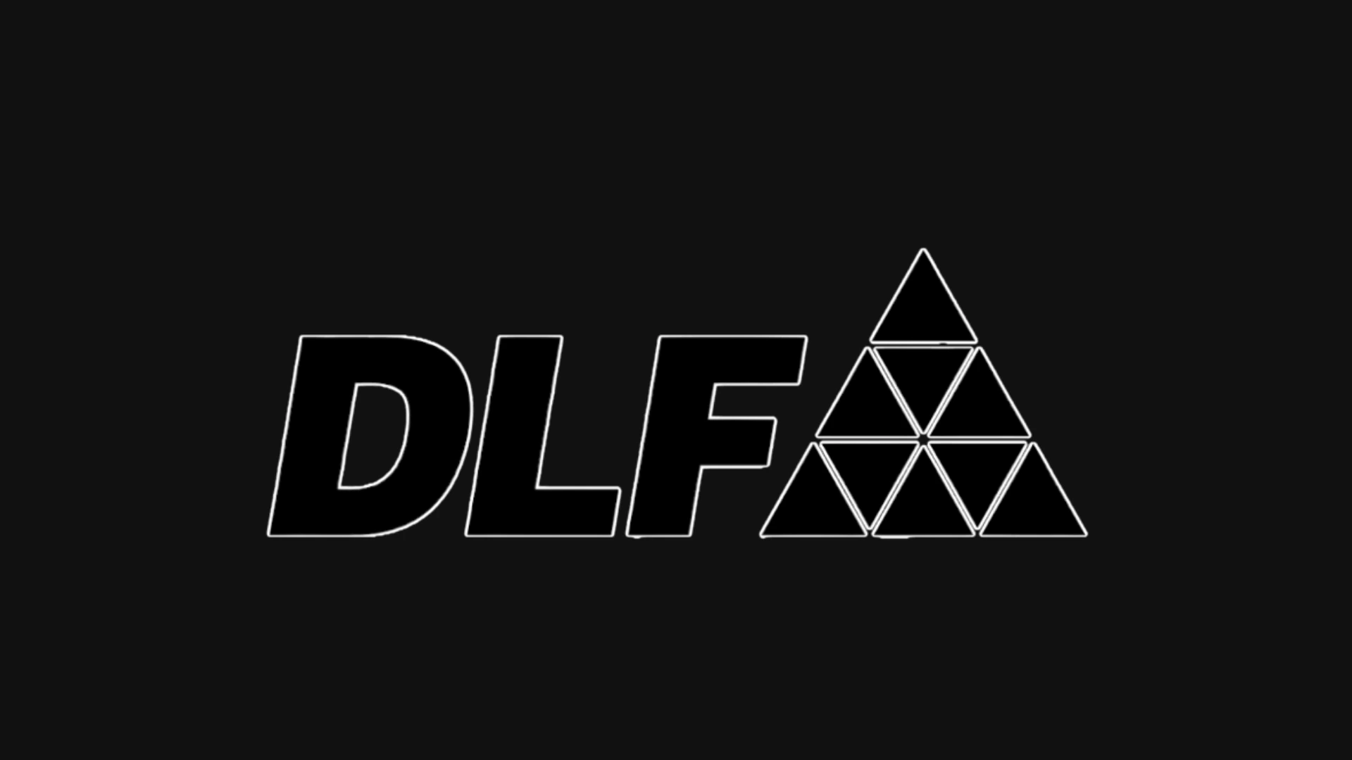 Bold white sans-serif DLF logo next to a pyramidal icon made of nine triangles on a dark background.