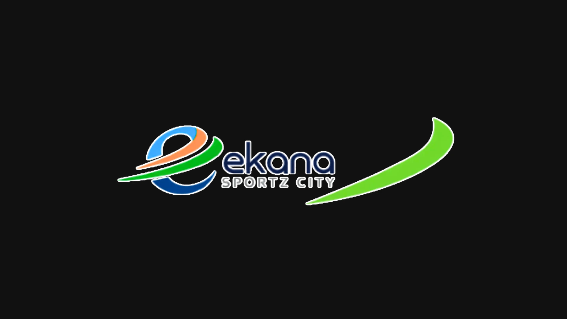 Ekana Sportz City logo with multicolored 'E' swoosh icon and green leaf element on a black background.