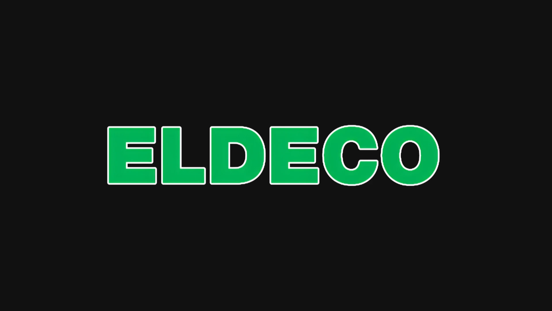 Bold green Eldeco logo with white outline centered on a black background.