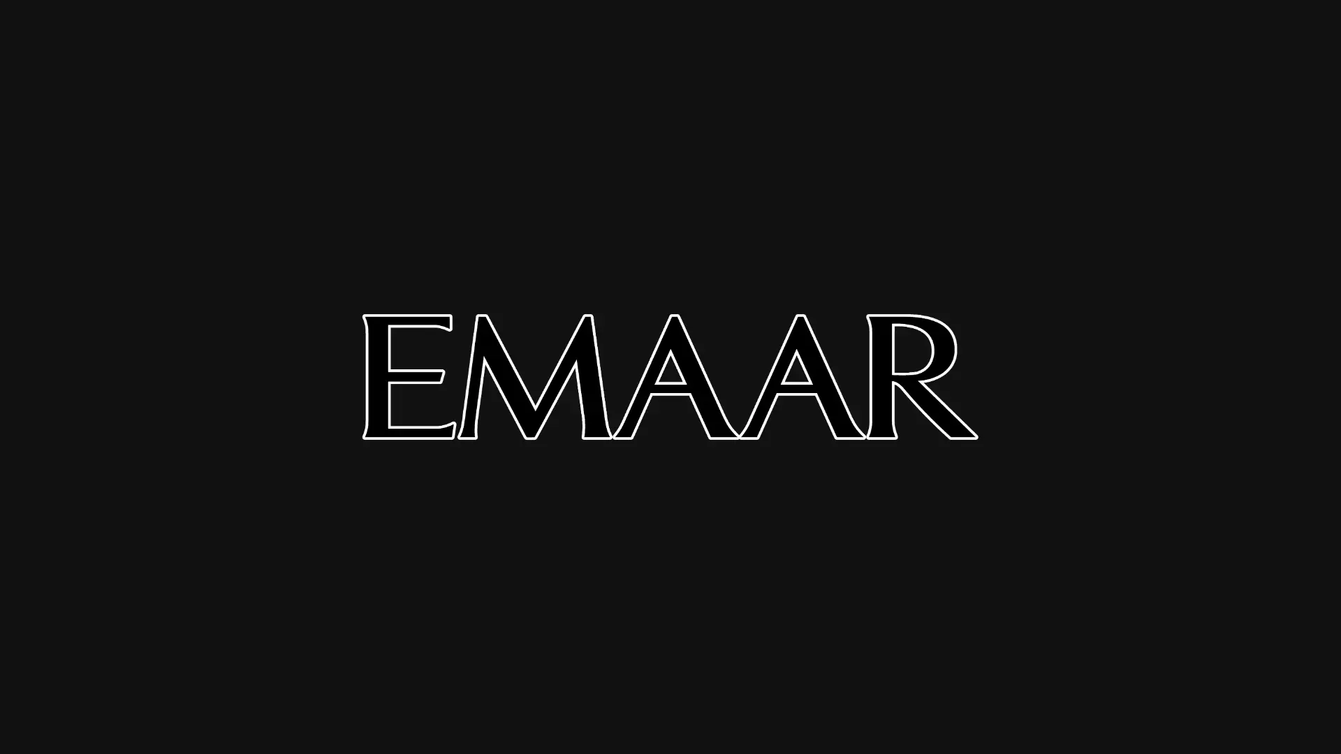 Sleek white outline Emaar text logo centered on a dark background.