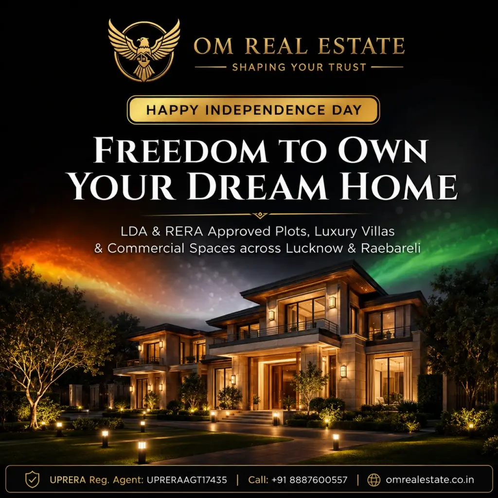 Om Real Estate Independence Day creative featuring a luxury modern residential villa at dusk with tricolor ambient sky glow, golden eagle emblem, and headline Freedom to Own Your Dream Home in Lucknow and Raebareli.
