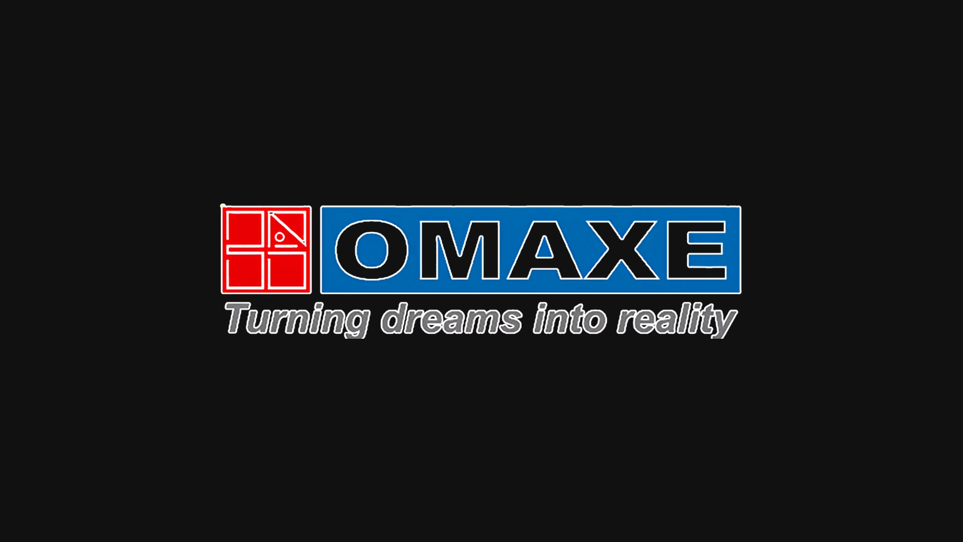 Omaxe logo featuring a red geometric building icon, blue "OMAXE" text, and tagline "Turning dreams into reality" on a dark background.