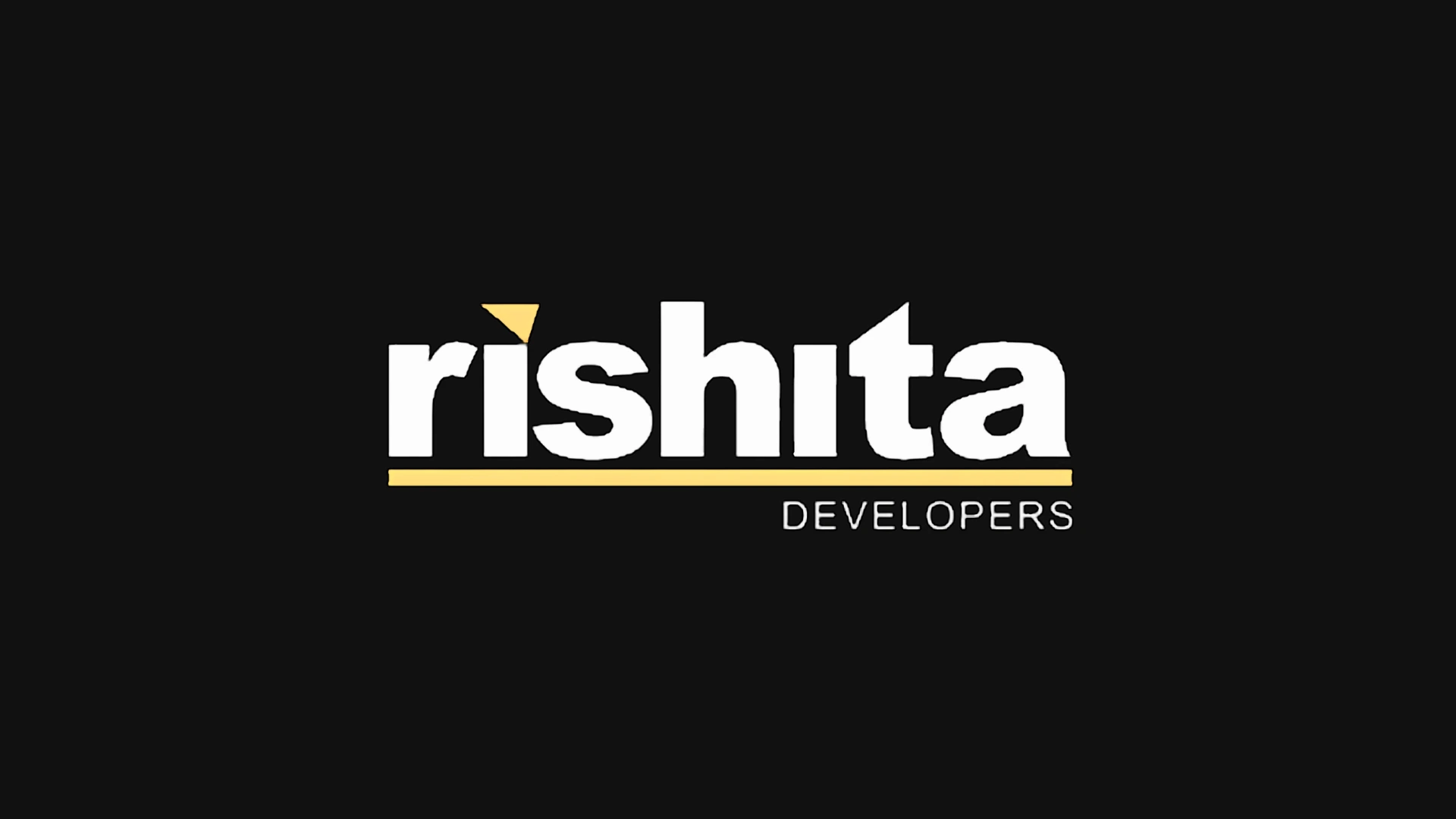 White stylized "rishita" text logo with a yellow triangle accent and underline, with "DEVELOPERS" below it on black.