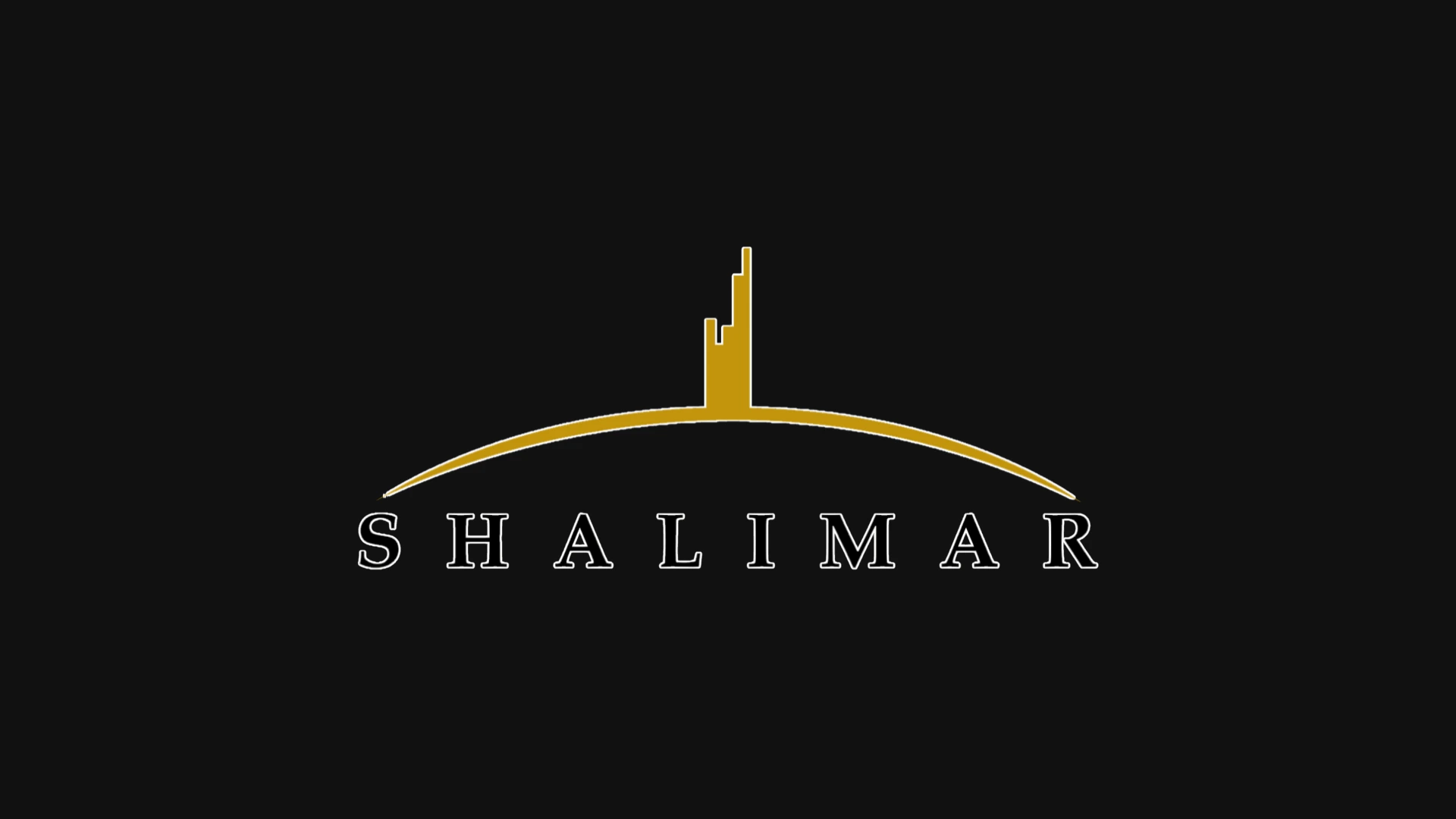 Minimalist gold Shalimar logo featuring a building silhouette icon above serif text on a black background.