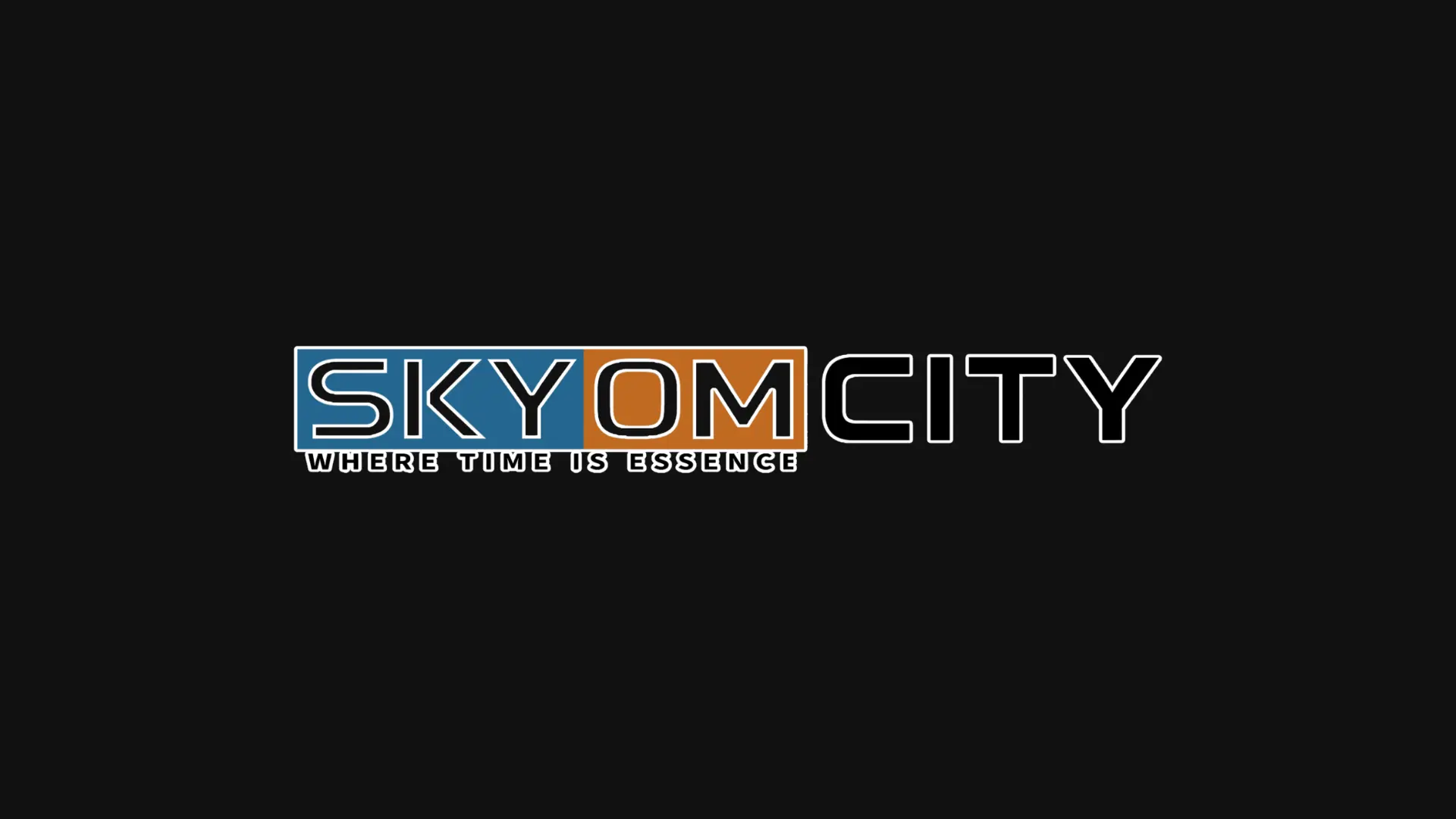 Skyom City logo with blue SKY and orange OM boxed text and tagline WHERE TIME IS ESSENCE on black background.