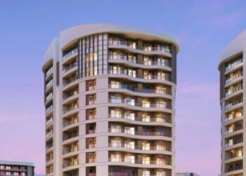 A close-up rendering of the top floors of the Mulberry Heights towers, showing their curved design and glass balconies.